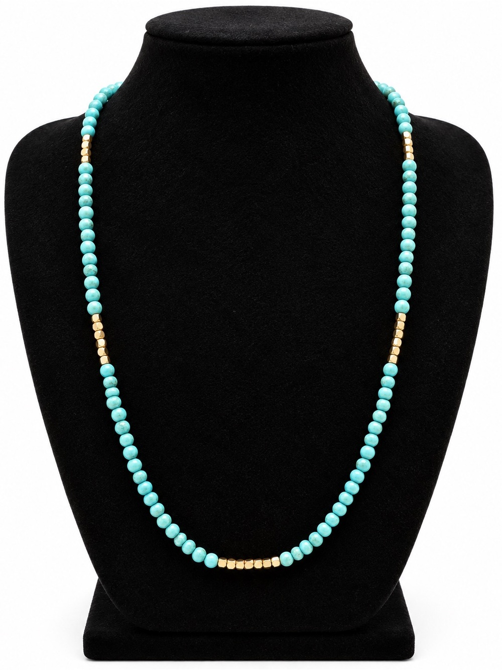 Turquoise Blue Beaded Necklace with Gold Tone Accent Beads Long Fashion Jewelry